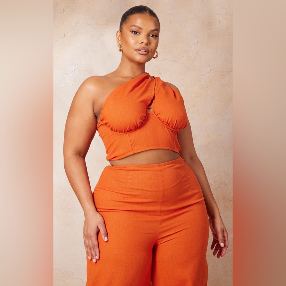 PrettyLittleThing Rust Orange One Shoulder Crop Top and Wide Leg Pants Set 14 - Picture 2 of 6